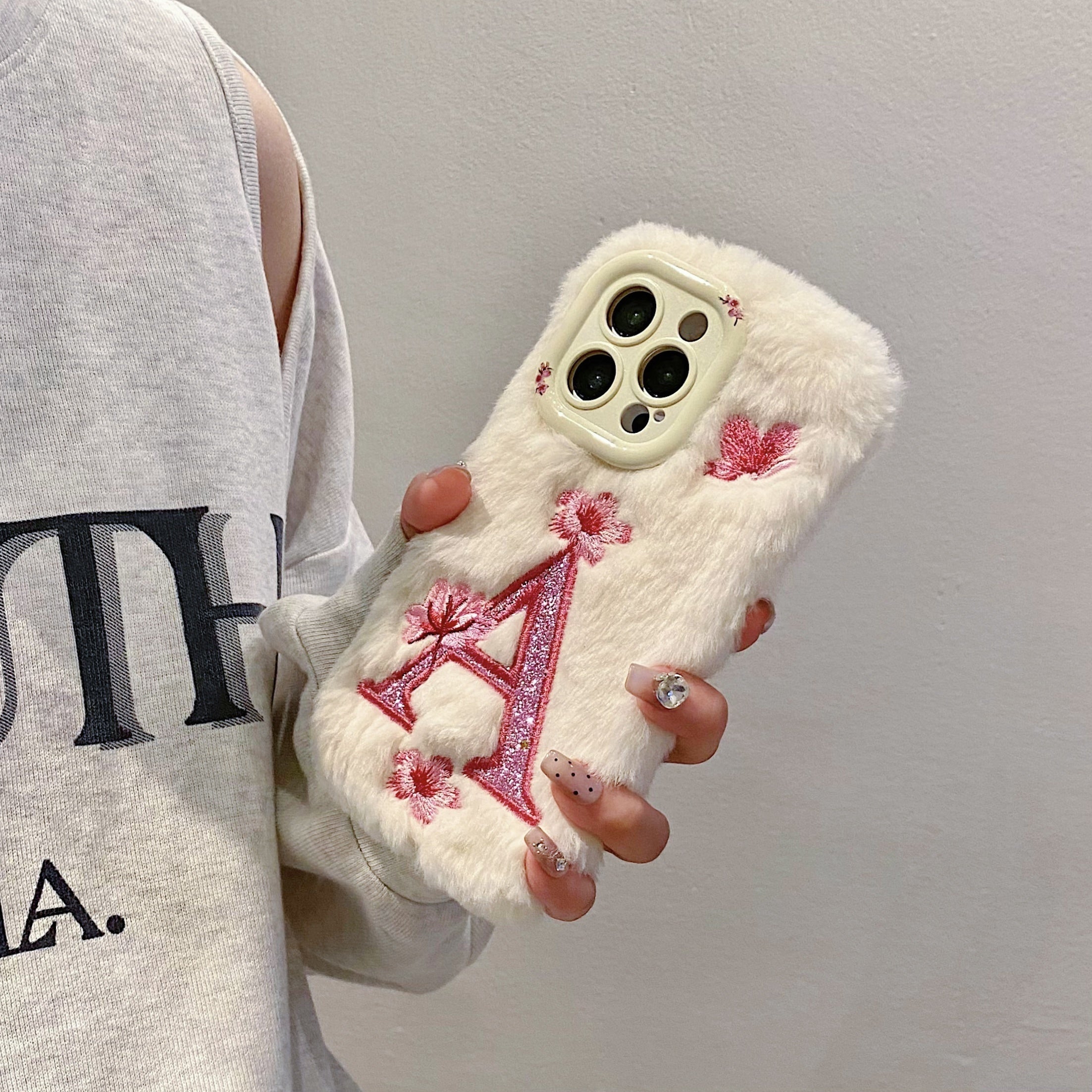 Plush Embroidered Big A Letter Stand Mobile Phone Case, Suitable for Apple 16/ 15 Pro Max/15 Pro/15/15Plus/14 Pro Max/14 Pro/14Plus/14/13 Pro Max/13 Pro/13 /12 Pro Max/12 Pro/12/11Pro Max/11 Couple All-Inclusive Mobile Phone
